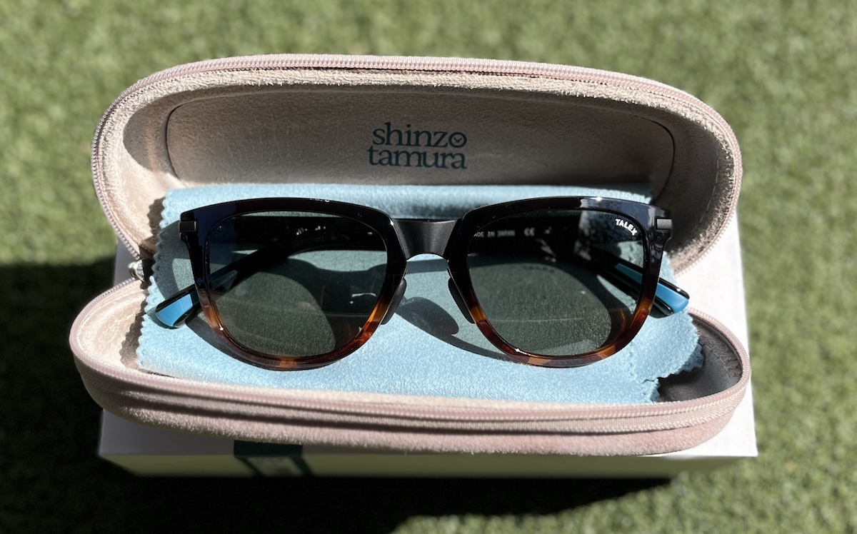 Shinzo Tamura Joto Sunglasses in case on top of box