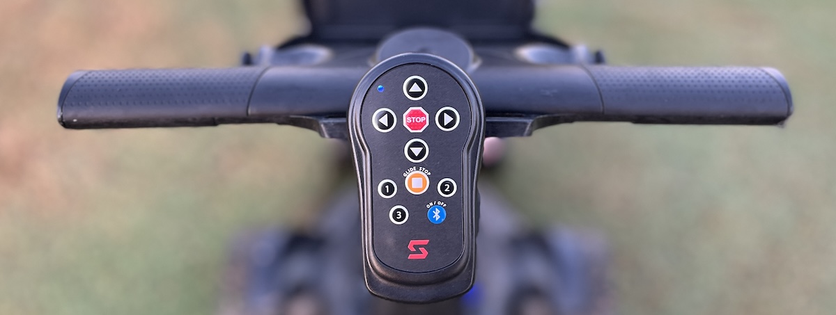 Stewart Golf VERTX Electric Trolley handle & remote close up