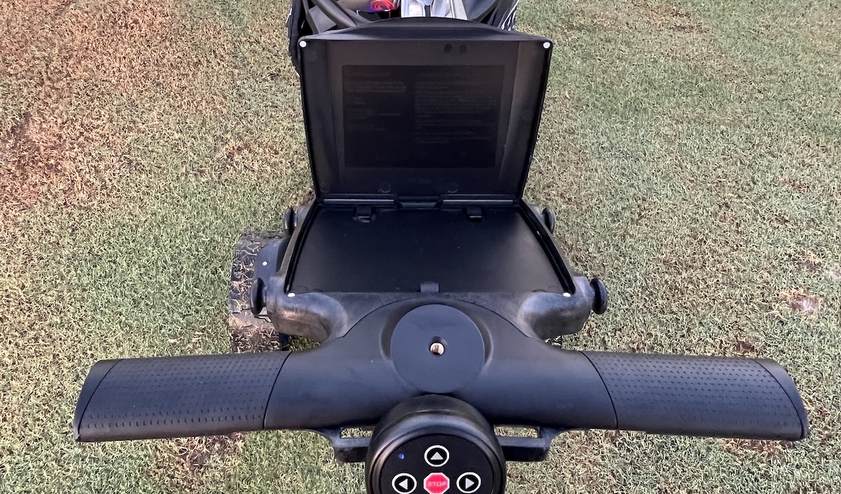 Stewart Golf VERTX Electric Trolley open scorecard holder