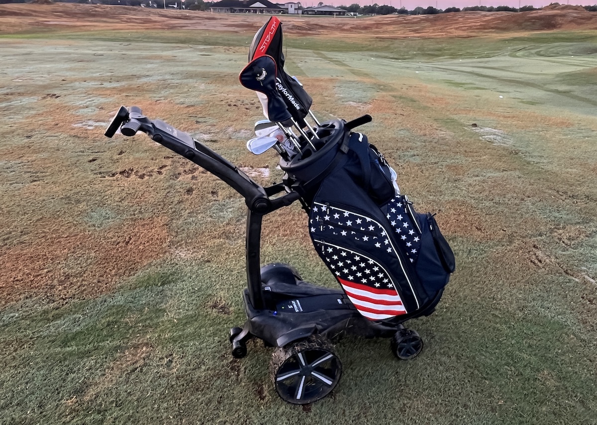 Stewart Golf VERTX Electric Trolley side view w: bag