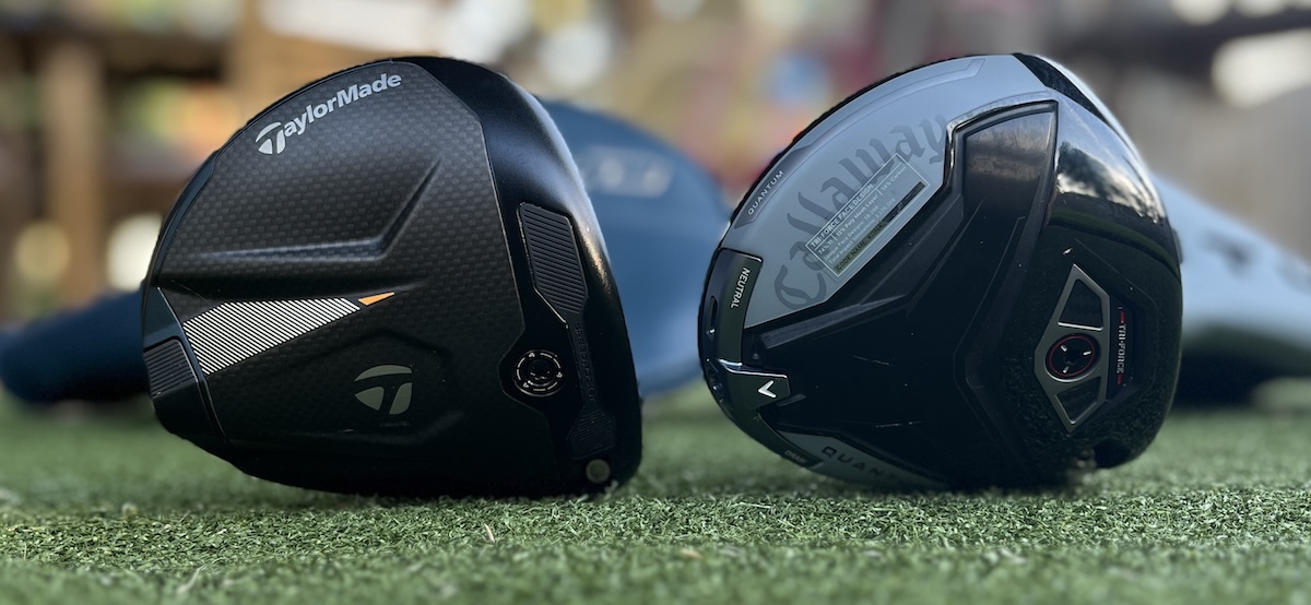 Callaway Quantum Max Driver and Taylormade Qi4D drivers side by side on the turf