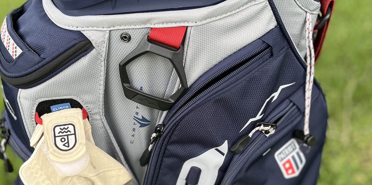 Sun Mountain C-130 Cart Bag left side zippers, towel loop, and glove attacement
