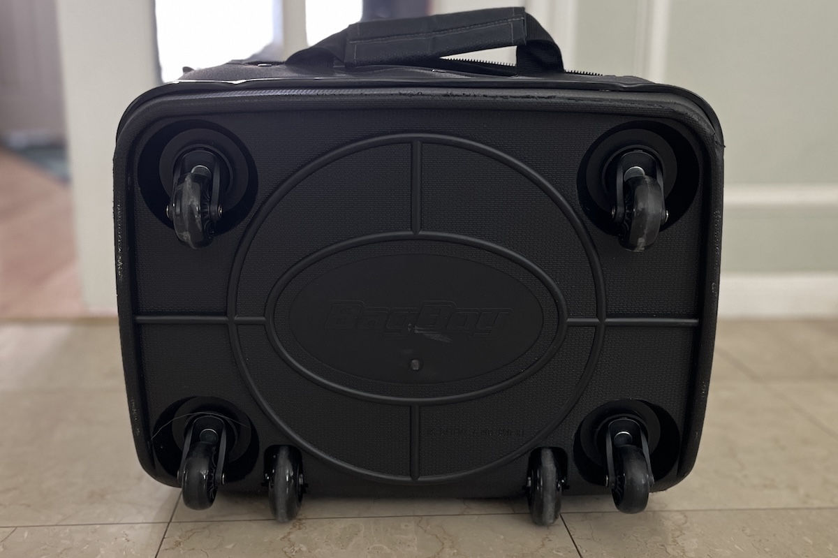 The six-wheel base of the Bag Boy Freestyle travel cover