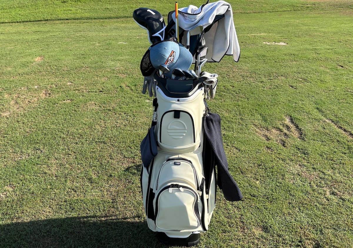Sunday Golf Big Rig cart bag at the range