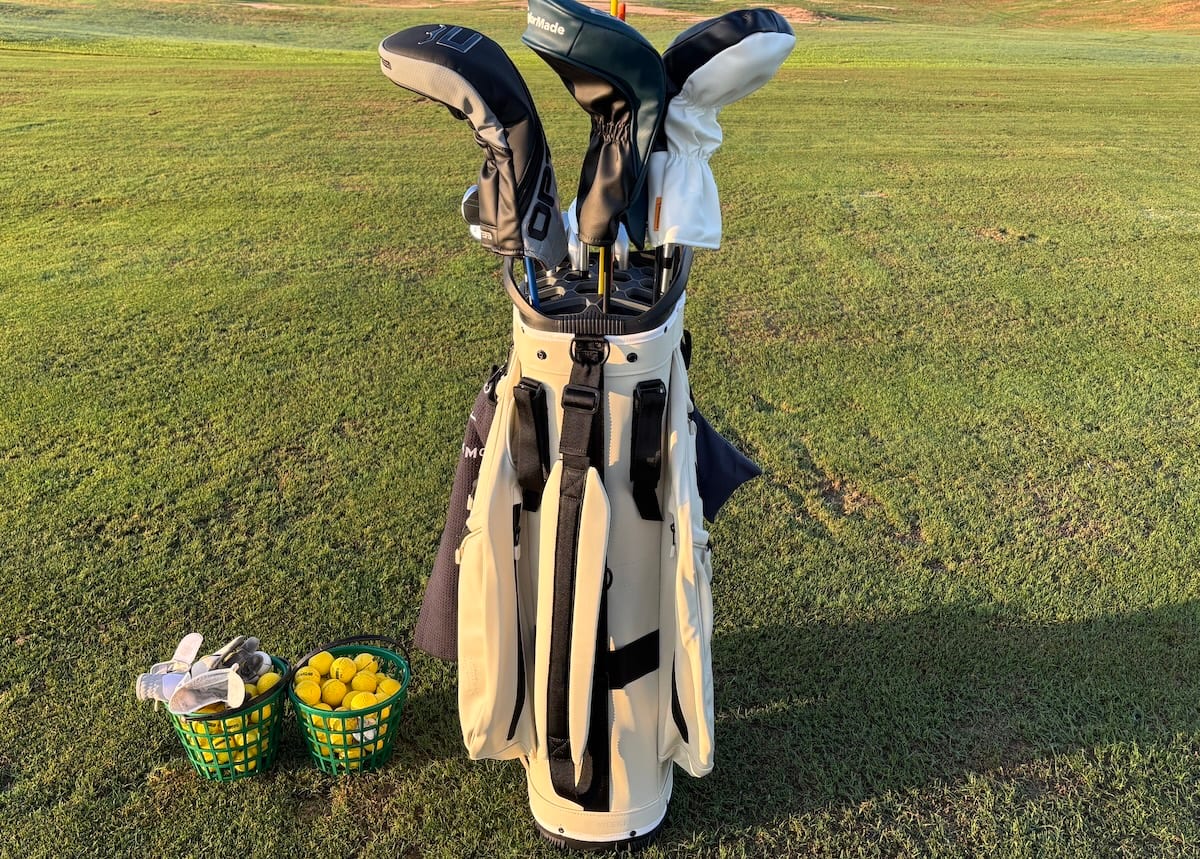 Sunday Golf Big Rig cart bag ready for a range session